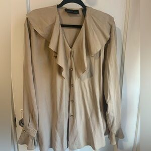 August Silk Beige Tan Brown Large Ruffle Collar Button Up Silk Blouse Medium